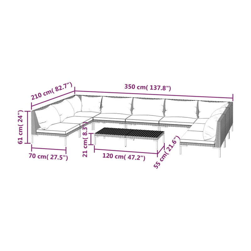 vidaXL 10 Piece Garden Lounge Set with Cushions Poly Rattan Dark Grey