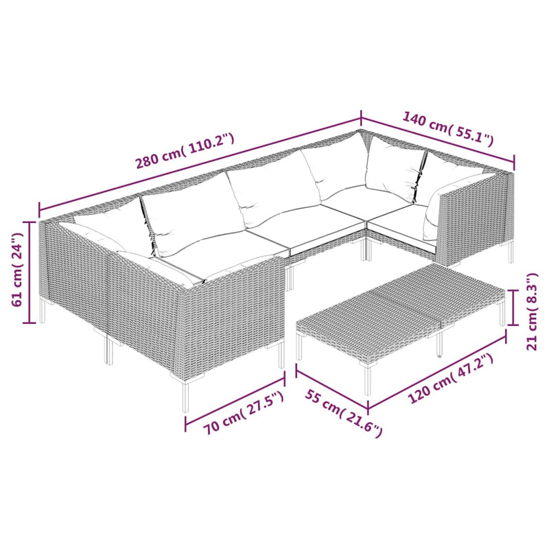 vidaXL 7 Piece Garden Lounge Set with Cushions Poly Rattan Dark Grey