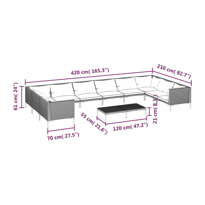 vidaXL 11 Piece Garden Lounge Set with Cushions Poly Rattan Dark Grey