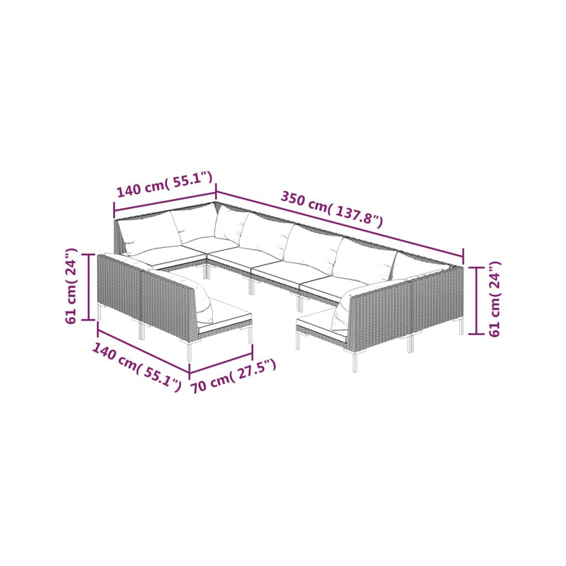vidaXL 9 Piece Garden Lounge Set with Cushions Poly Rattan Dark Grey