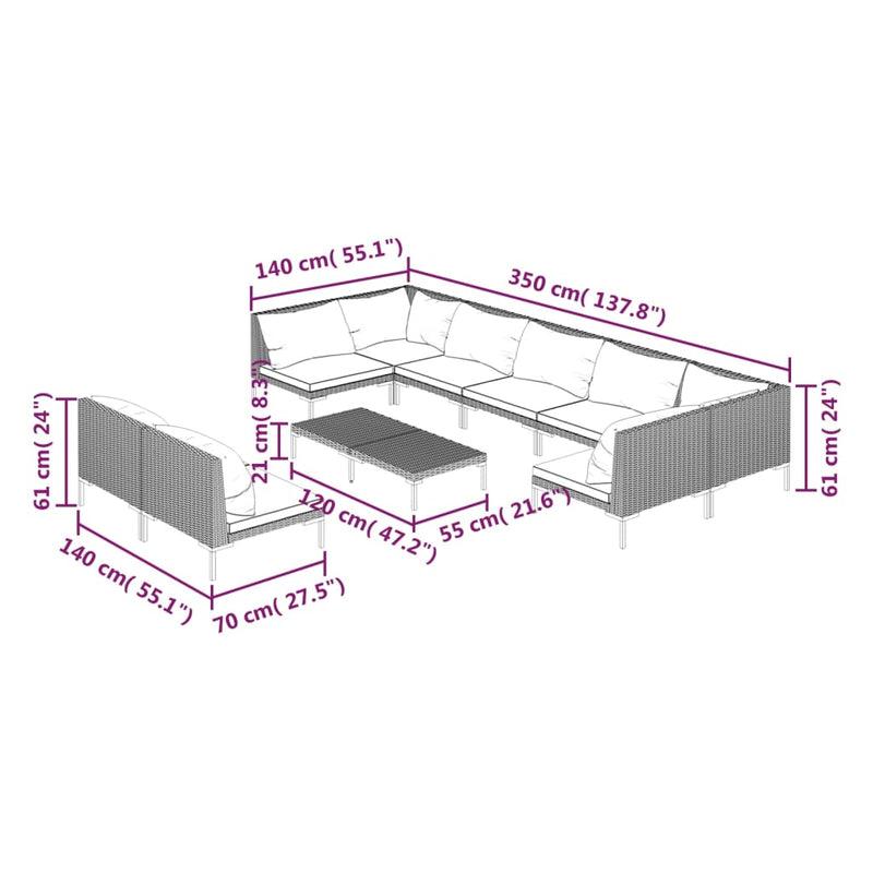 vidaXL 10 Piece Garden Lounge Set with Cushions Poly Rattan Dark Grey