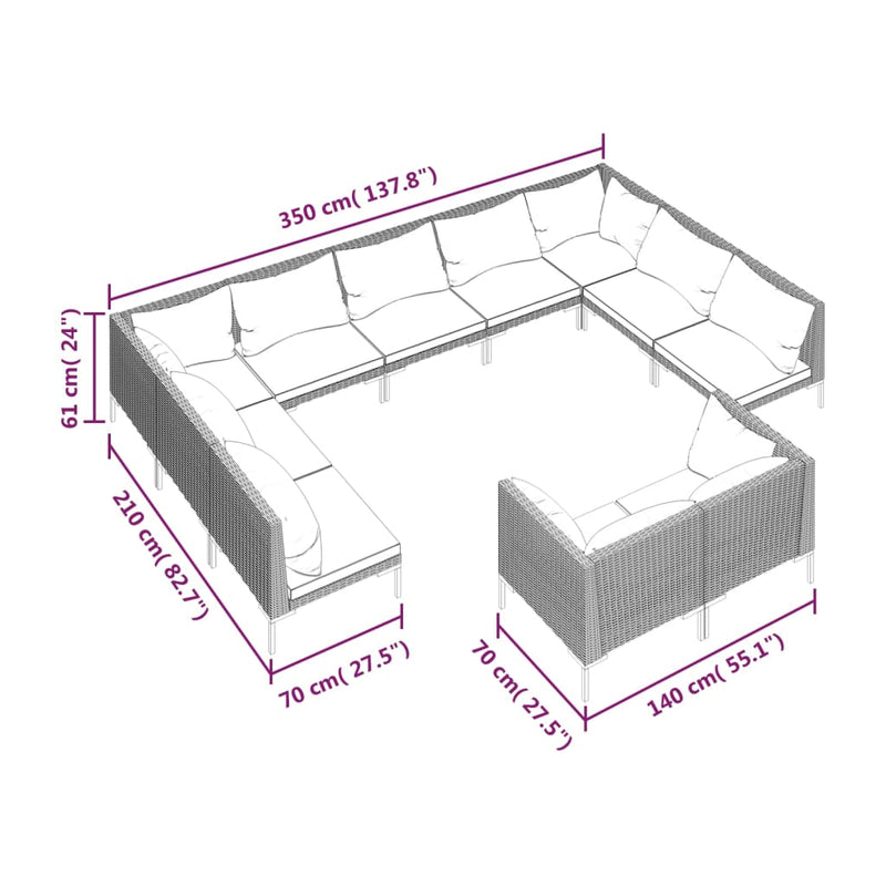 vidaXL 11 Piece Garden Lounge Set with Cushions Poly Rattan Dark Grey