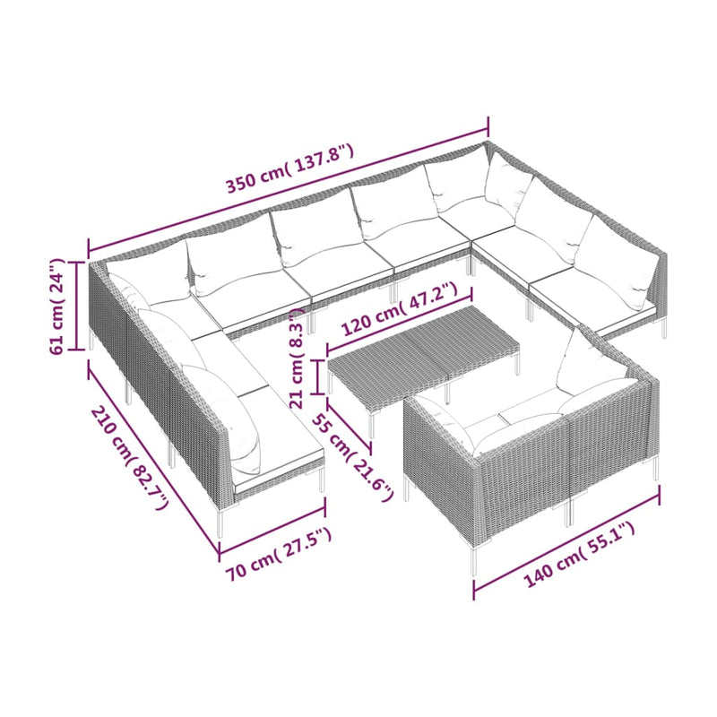 vidaXL 12 Piece Garden Lounge Set with Cushions Poly Rattan Dark Grey