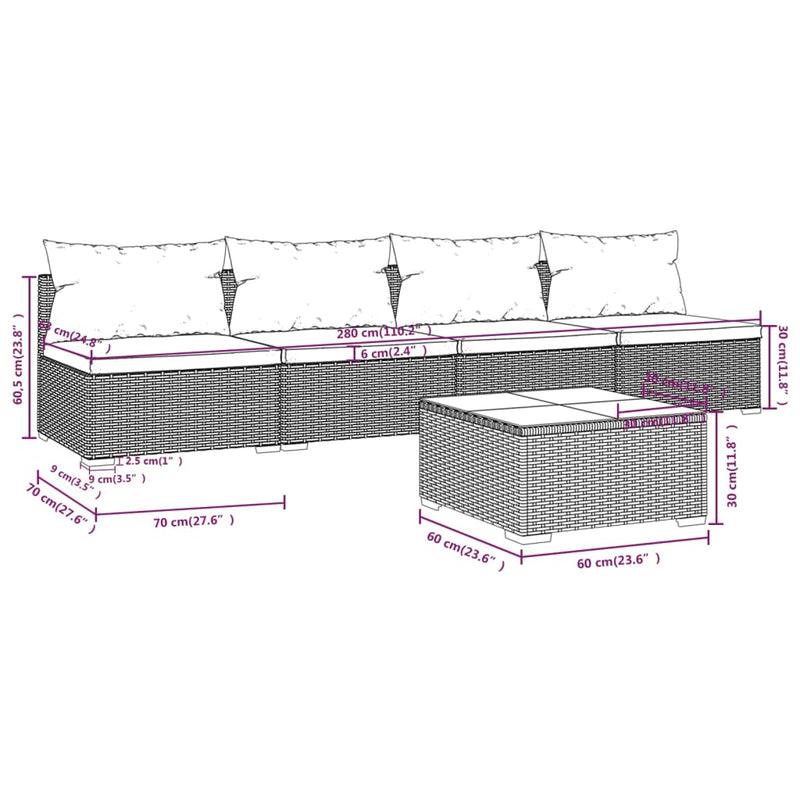 vidaXL 5 Piece Garden Lounge Set with Cushions Poly Rattan Grey