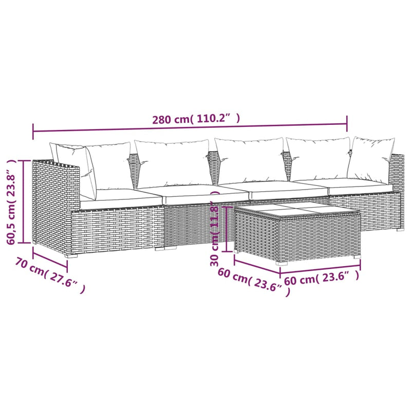 vidaXL 5 Piece Garden Lounge Set with Cushions Poly Rattan Brown
