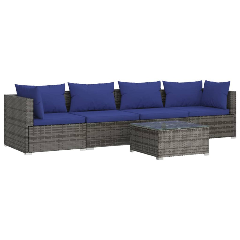 vidaXL 5 Piece Garden Lounge Set with Cushions Poly Rattan Grey