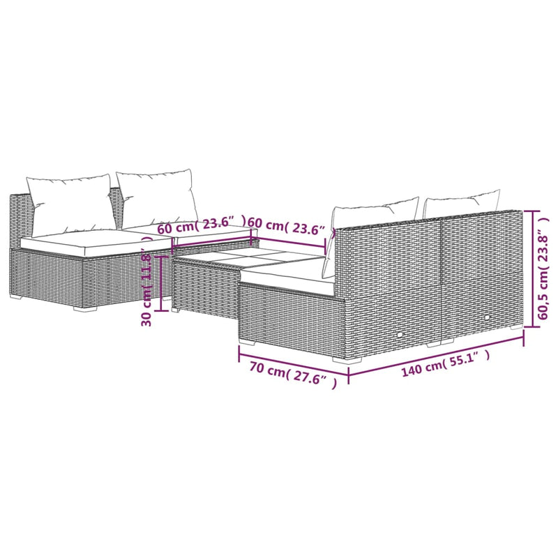 vidaXL 5 Piece Garden Lounge Set with Cushions Poly Rattan Grey