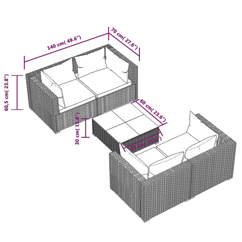 vidaXL 5 Piece Garden Lounge Set with Cushions Poly Rattan Black