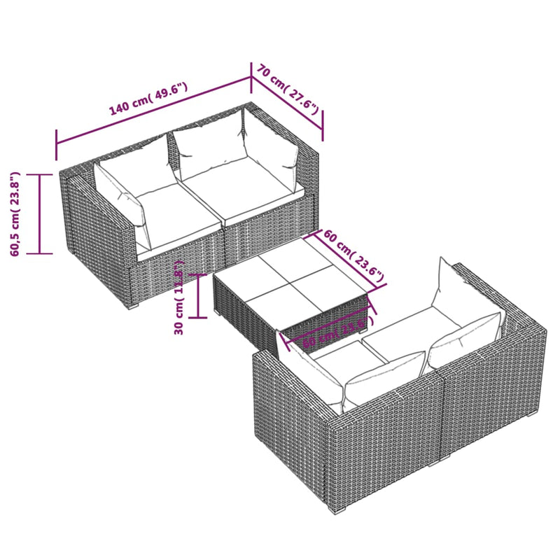vidaXL 5 Piece Garden Lounge Set with Cushions Poly Rattan Brown