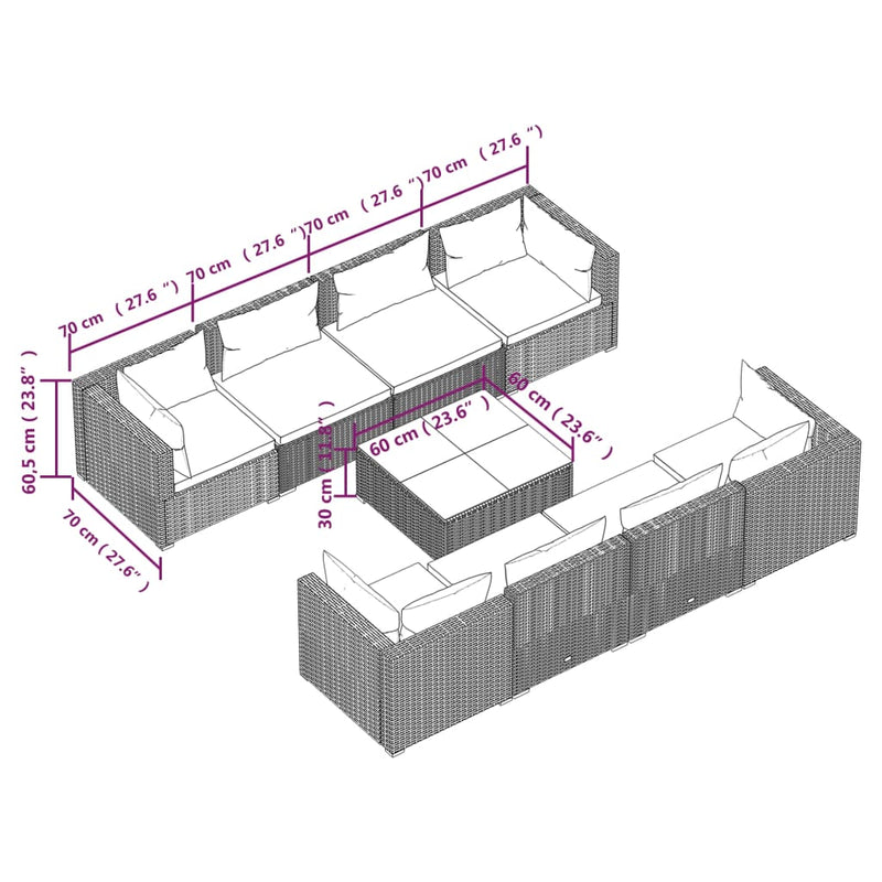 vidaXL 9 Piece Garden Lounge Set with Cushions Poly Rattan Brown