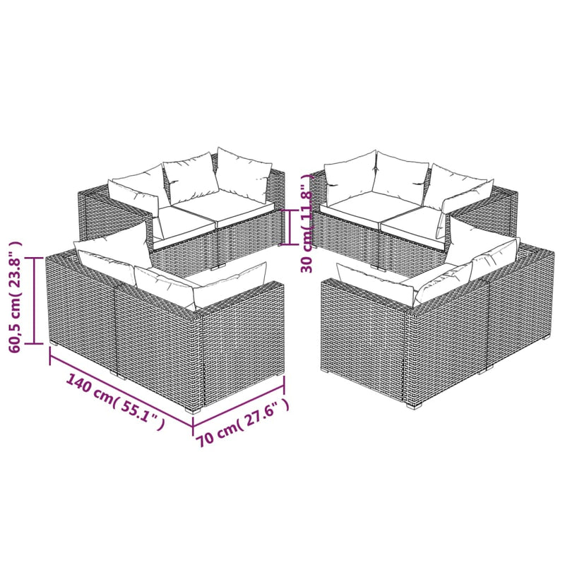 vidaXL 8 Piece Garden Lounge Set with Cushions Poly Rattan Grey