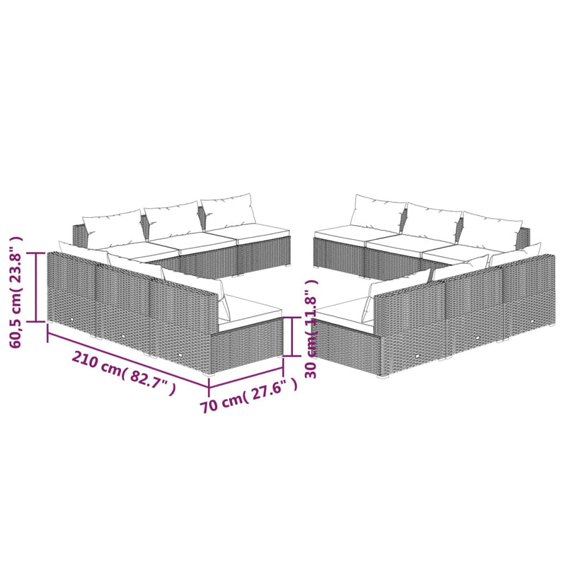 vidaXL 12 Piece Garden Lounge Set with Cushions Poly Rattan Grey