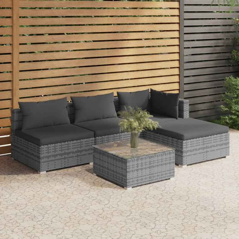 vidaXL 5 Piece Garden Lounge Set with Cushions Poly Rattan Grey