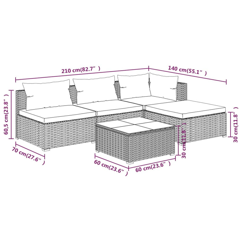 vidaXL 5 Piece Garden Lounge Set with Cushions Poly Rattan Grey