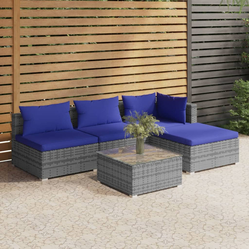 vidaXL 5 Piece Garden Lounge Set with Cushions Poly Rattan Grey