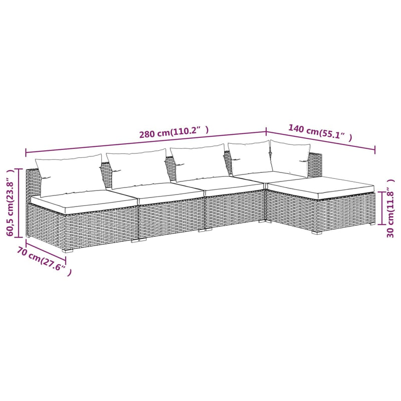 vidaXL 5 Piece Garden Lounge Set with Cushions Poly Rattan Grey