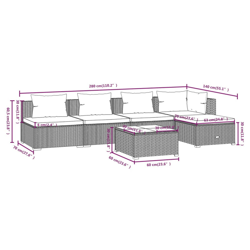 vidaXL 6 Piece Garden Lounge Set with Cushions Poly Rattan Grey