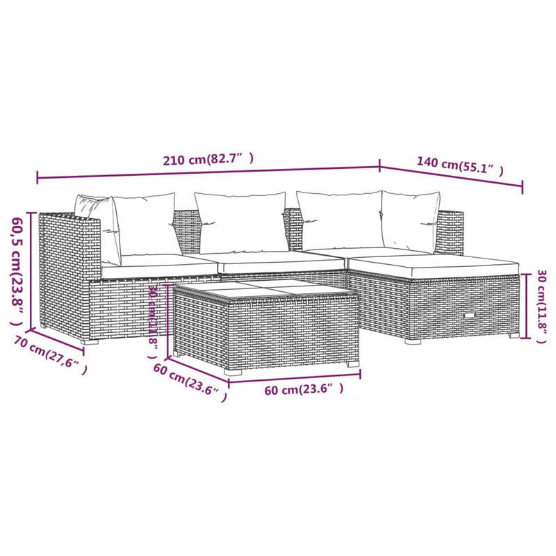 vidaXL 5 Piece Garden Lounge Set with Cushions Poly Rattan Grey