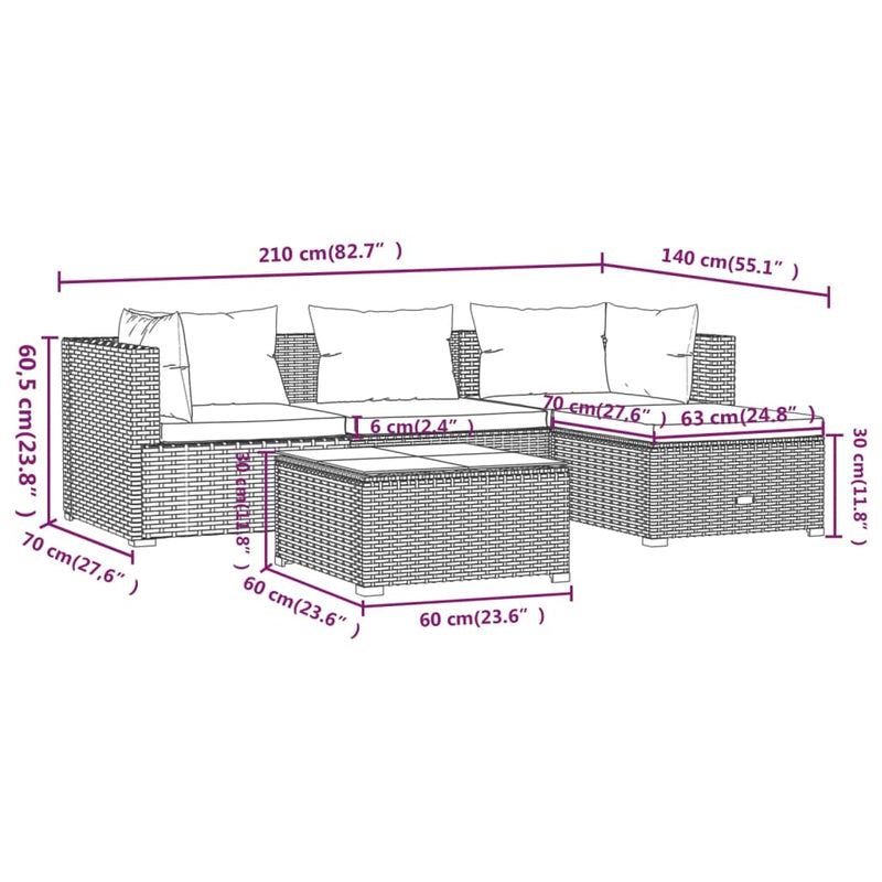 vidaXL 5 Piece Garden Lounge Set with Cushions Poly Rattan Grey