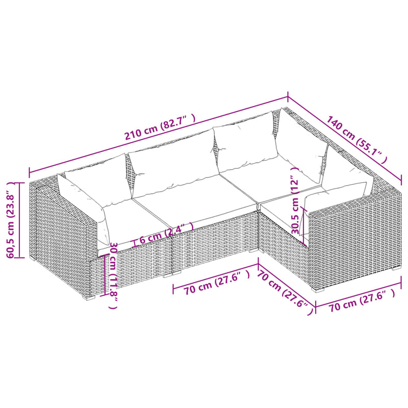 vidaXL 4 Piece Garden Lounge Set with Cushions Poly Rattan Brown