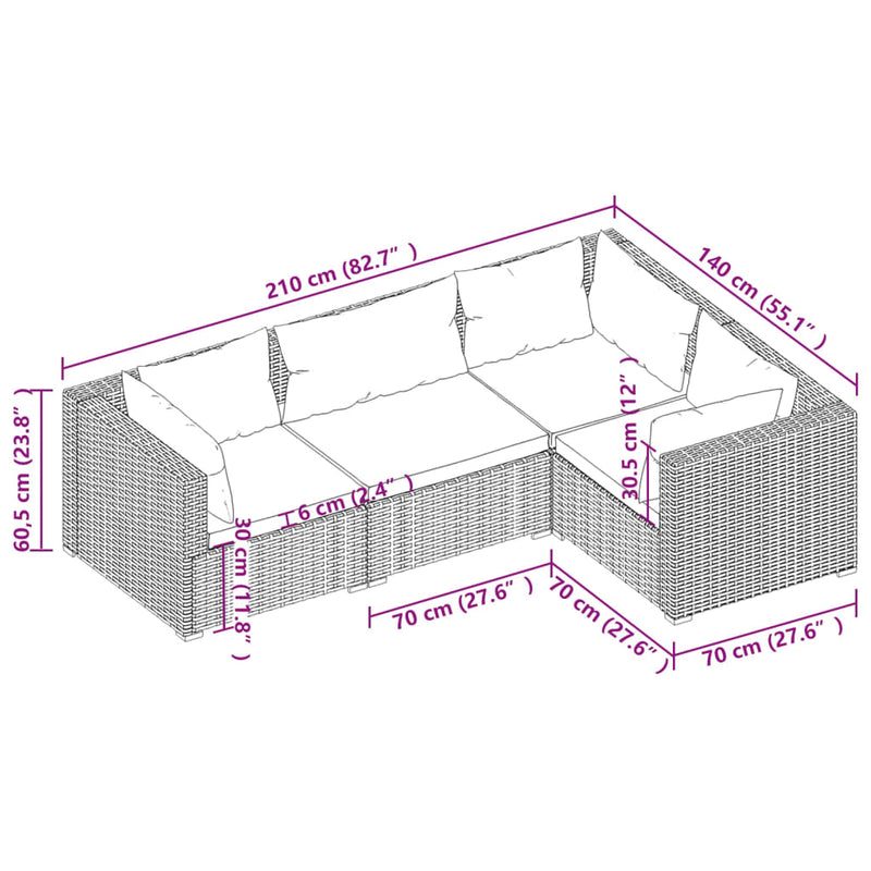 vidaXL 4 Piece Garden Lounge Set with Cushions Poly Rattan Brown