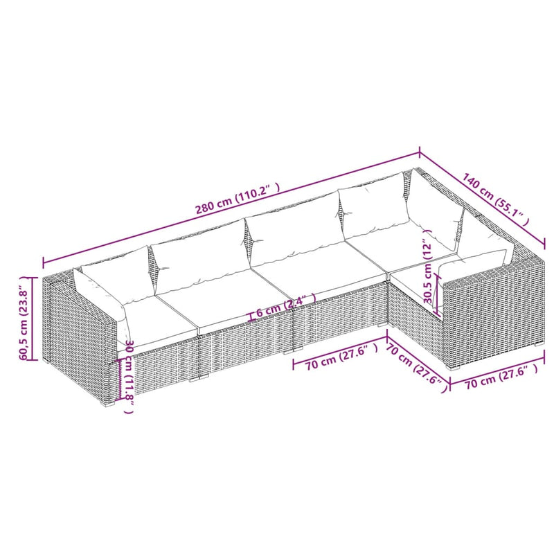 vidaXL 5 Piece Garden Lounge Set with Cushions Poly Rattan Grey