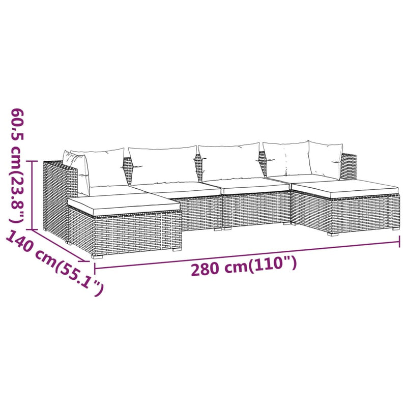 vidaXL 6 Piece Garden Lounge Set with Cushions Poly Rattan Black