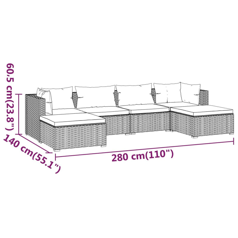 vidaXL 6 Piece Garden Lounge Set with Cushions Poly Rattan Black