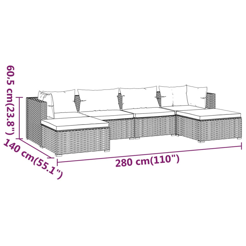 vidaXL 6 Piece Garden Lounge Set with Cushions Poly Rattan Brown