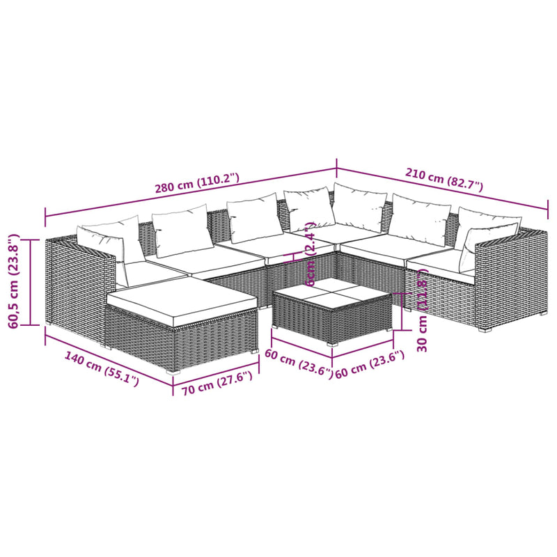 vidaXL 8 Piece Garden Lounge Set with Cushions Poly Rattan Black
