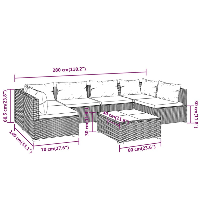vidaXL 7 Piece Garden Lounge Set with Cushions Poly Rattan Black