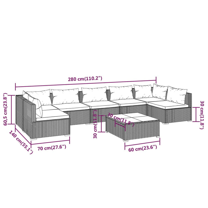 vidaXL 8 Piece Garden Lounge Set with Cushions Poly Rattan Grey