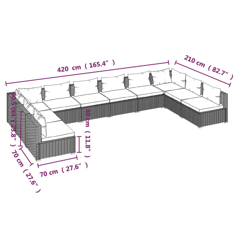 vidaXL 10 Piece Garden Lounge Set with Cushions Poly Rattan Grey