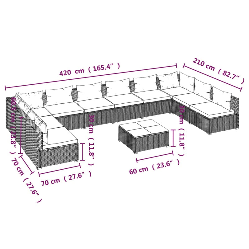vidaXL 11 Piece Garden Lounge Set with Cushions Poly Rattan Black
