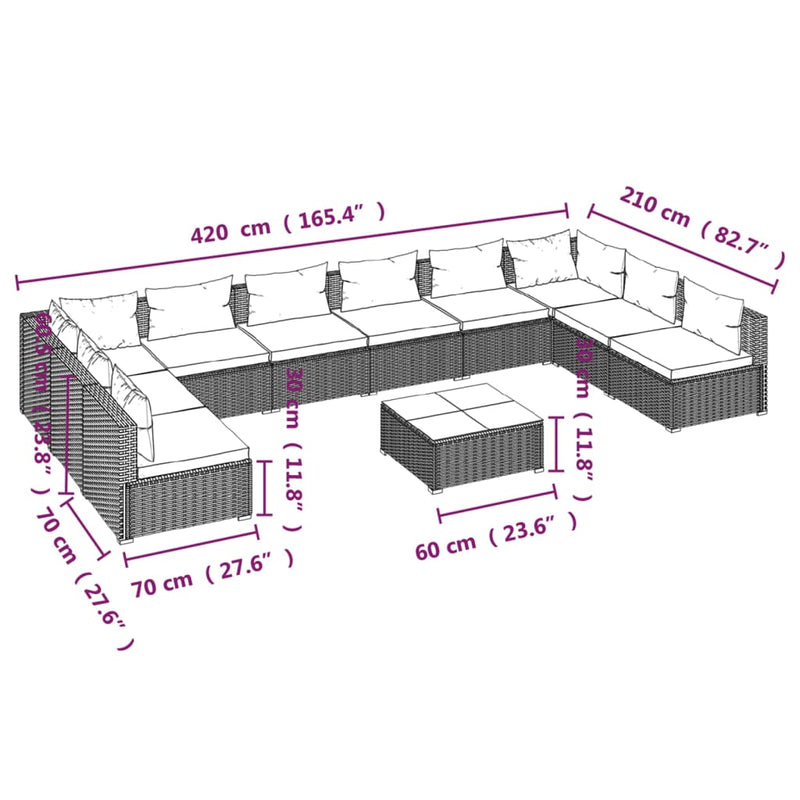 vidaXL 11 Piece Garden Lounge Set with Cushions Poly Rattan Grey
