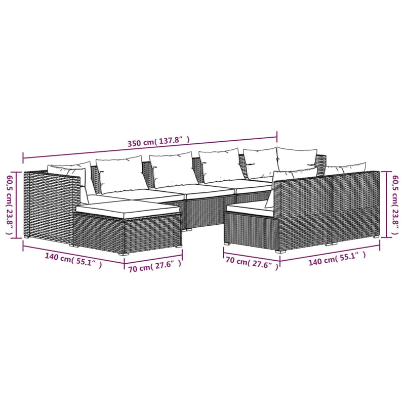 vidaXL 9 Piece Garden Lounge Set with Cushions Grey Poly Rattan