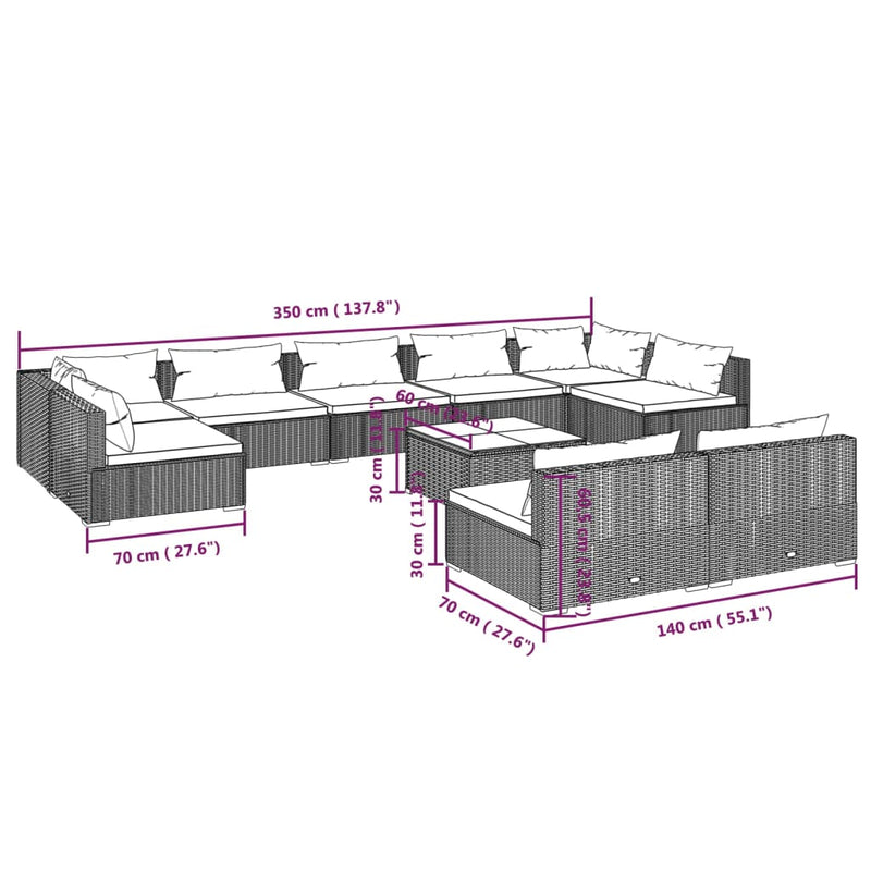 vidaXL 10 Piece Garden Lounge Set with Cushions Black Poly Rattan