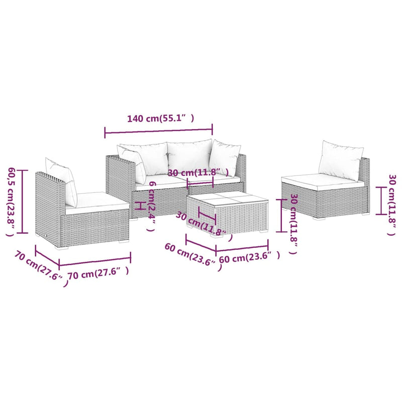 vidaXL 5 Piece Garden Lounge Set with Cushions Poly Rattan Black