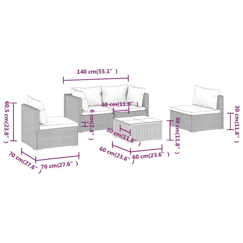 vidaXL 5 Piece Garden Lounge Set with Cushions Poly Rattan Brown