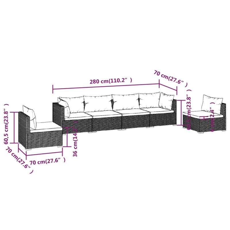 vidaXL 6 Piece Garden Lounge Set with Cushions Poly Rattan Black