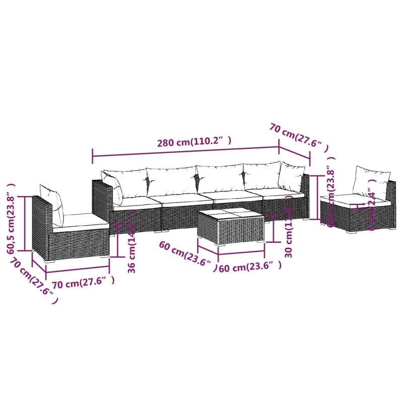 vidaXL 7 Piece Garden Lounge Set with Cushions Poly Rattan Black