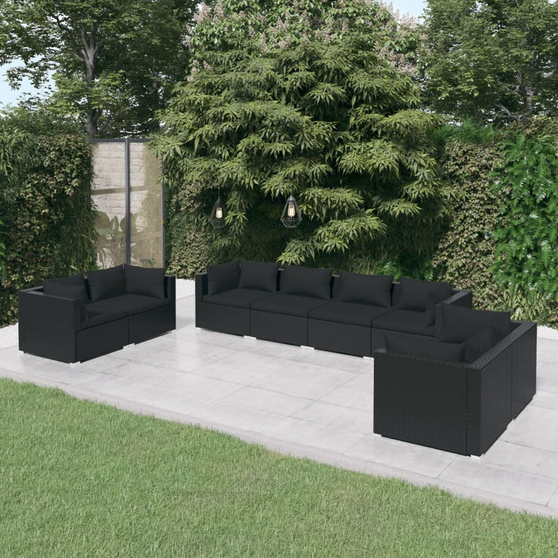 vidaXL 8 Piece Garden Lounge Set with Cushions Poly Rattan Black