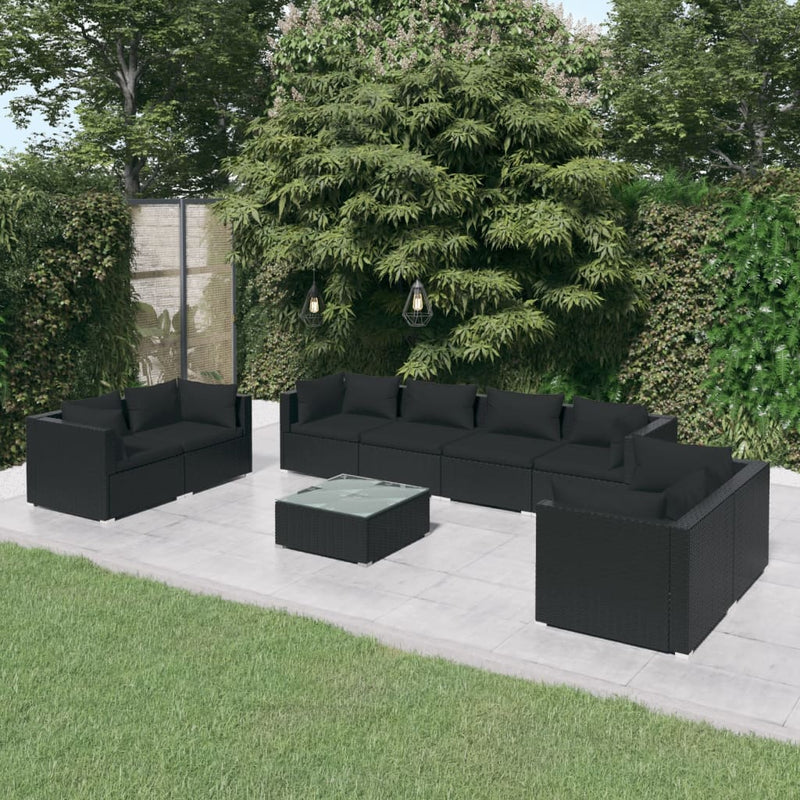 vidaXL 9 Piece Garden Lounge Set with Cushions Poly Rattan Black