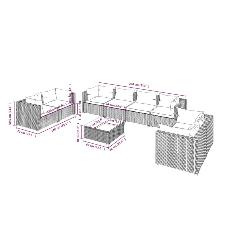 vidaXL 9 Piece Garden Lounge Set with Cushions Poly Rattan Brown