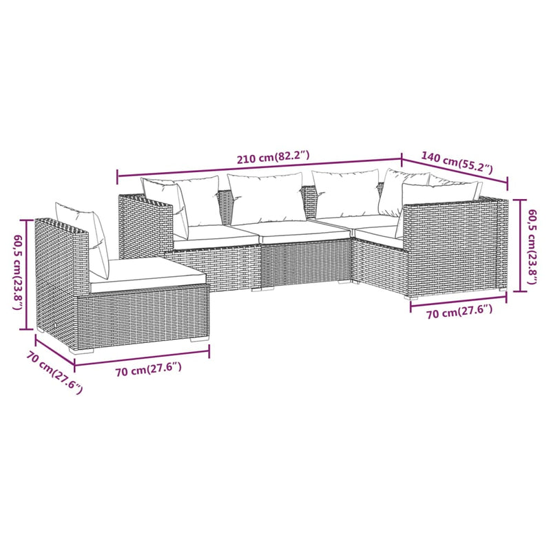 vidaXL 5 Piece Garden Lounge Set with Cushions Poly Rattan Grey