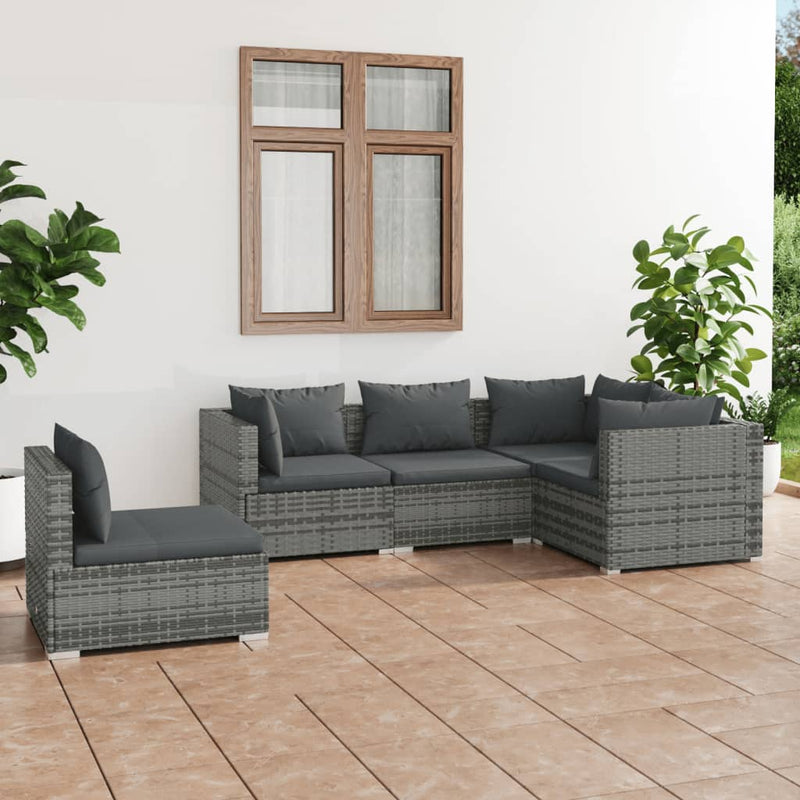 vidaXL 5 Piece Garden Lounge Set with Cushions Poly Rattan Grey