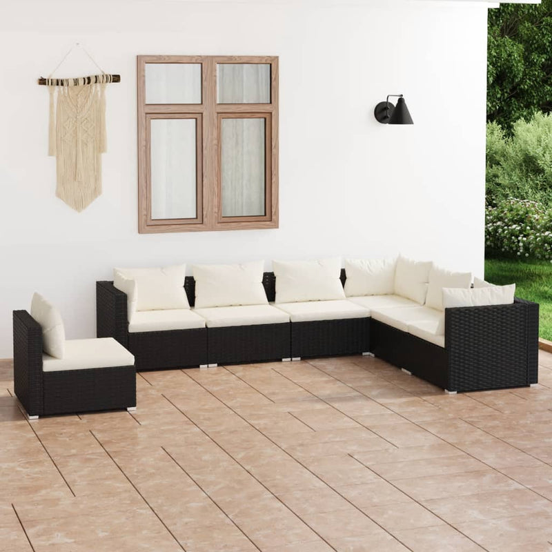 vidaXL 7 Piece Garden Lounge Set with Cushions Poly Rattan Black