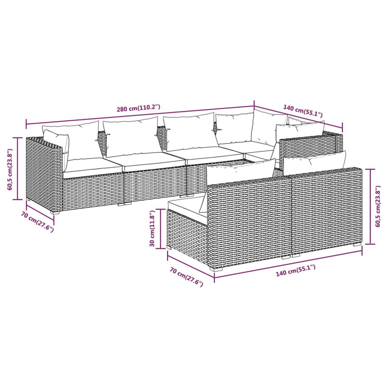 vidaXL 7 Piece Garden Lounge Set with Cushions Grey Poly Rattan