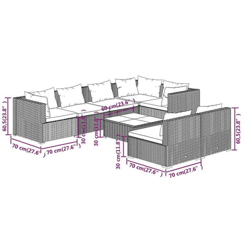 vidaXL 8 Piece Garden Lounge Set with Cushions Grey Poly Rattan