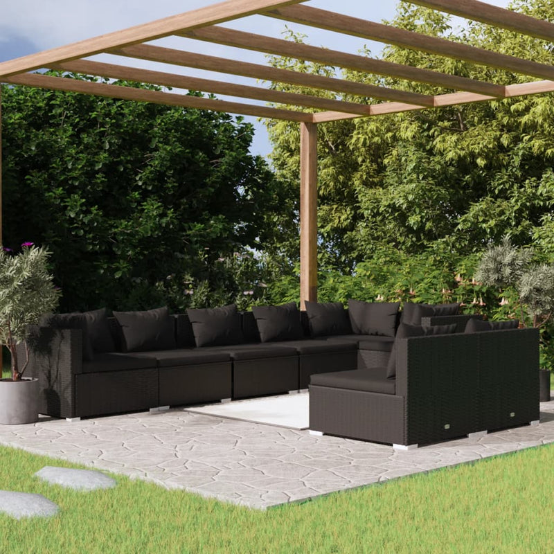 vidaXL 8 Piece Garden Lounge Set with Cushions Black Poly Rattan